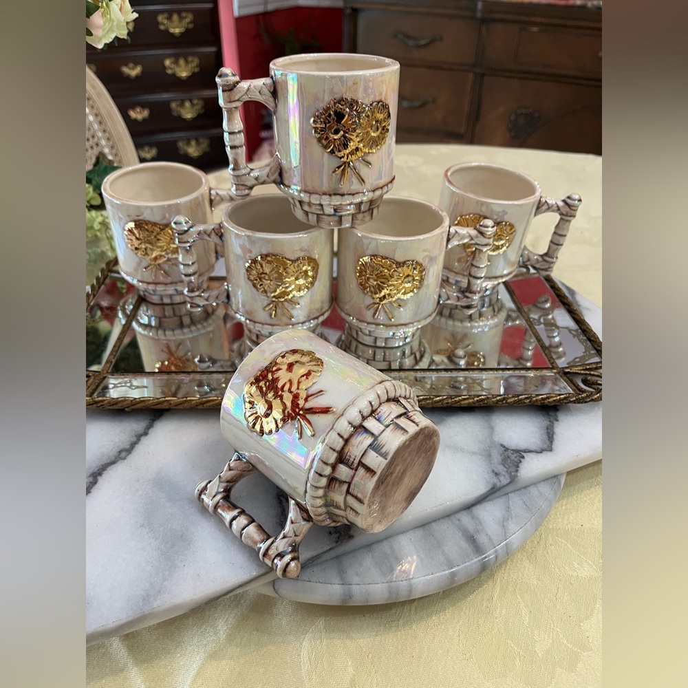 MCM 1970s Gold Embossed Daisy Basket 6 Mugs/Cream Lusterware/Faux Bamboo Handle